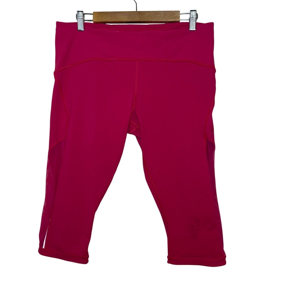 Lululemon Sun Runner‎ Crop Leggings Women 12 Coral Pink Mesh Panel Capri Stretch